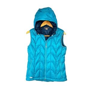 Outdoor Research Puffer Vest Women M Blue Goose Down Hooded Quilted Full Zip